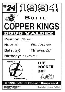 1994 Sport Pro Butte Copper Kings #24 Doug Valdez Back