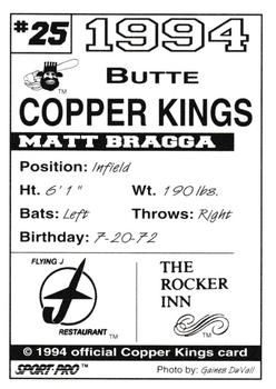 1994 Sport Pro Butte Copper Kings #25 Matt Bragga Back