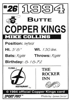 1994 Sport Pro Butte Copper Kings #26 Mike Collins Back