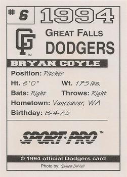 1994 Sport Pro Great Falls Dodgers #6 Bryan Coyle Back