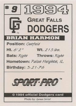 1994 Sport Pro Great Falls Dodgers #9 Brian Harmon Back
