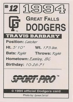 1994 Sport Pro Great Falls Dodgers #12 Travis Barbary Back