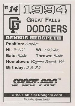 1994 Sport Pro Great Falls Dodgers #14 Dennis Hedpeth Back