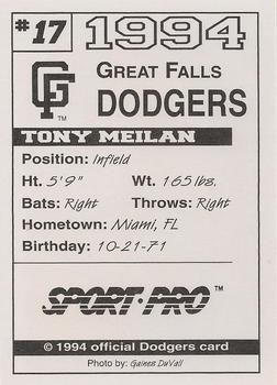 1994 Sport Pro Great Falls Dodgers #17 Tony Meilan Back