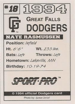 1994 Sport Pro Great Falls Dodgers #18 Nate Rasmussen Back