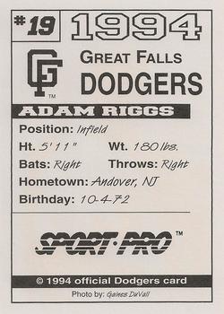 1994 Sport Pro Great Falls Dodgers #19 Adam Riggs Back