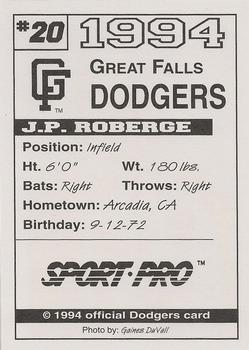 1994 Sport Pro Great Falls Dodgers #20 J.P. Roberge Back