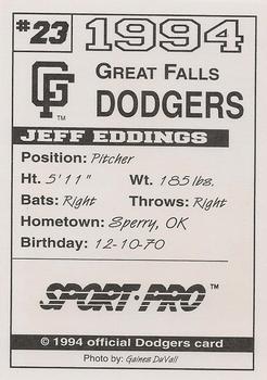 1994 Sport Pro Great Falls Dodgers #23 Jeff Eddings Back