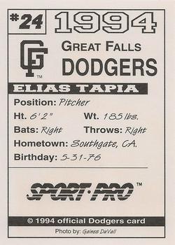 1994 Sport Pro Great Falls Dodgers #24 Elias Tapia Back