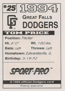 1994 Sport Pro Great Falls Dodgers #25 Tom Price Back