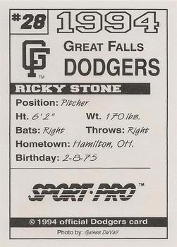 1994 Sport Pro Great Falls Dodgers #28 Ricky Stone Back