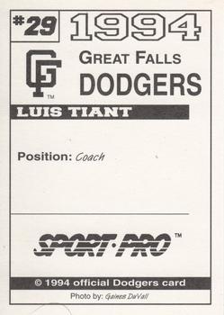 1994 Sport Pro Great Falls Dodgers #29 Luis Tiant Back