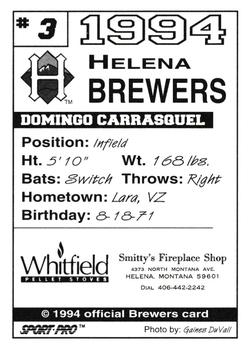 1994 Sport Pro Helena Brewers #3 Domingo Carrasquel Back