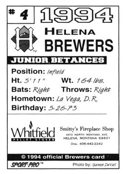 1994 Sport Pro Helena Brewers #4 Junior Betances Back