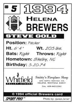 1994 Sport Pro Helena Brewers #5 Steve Gold Back