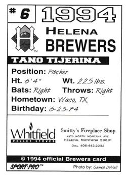 1994 Sport Pro Helena Brewers #6 Tano Tijerina Back