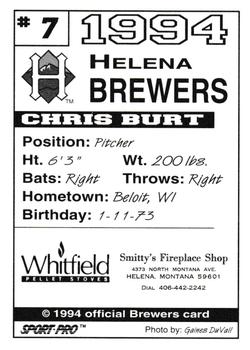 1994 Sport Pro Helena Brewers #7 Chris Burt Back