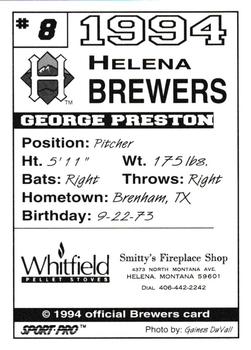 1994 Sport Pro Helena Brewers #8 George Preston Back