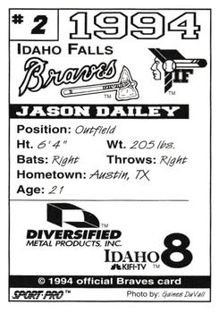 1994 Sport Pro Idaho Falls Braves #2 Jason Dailey Back
