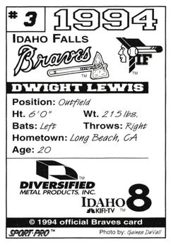 1994 Sport Pro Idaho Falls Braves #3 Dwight Lewis Back
