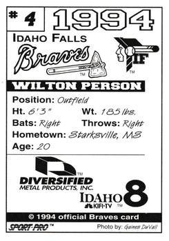 1994 Sport Pro Idaho Falls Braves #4 Wilton Person Back