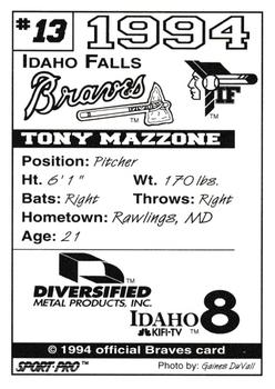 1994 Sport Pro Idaho Falls Braves #13 Tony Mazzone Back