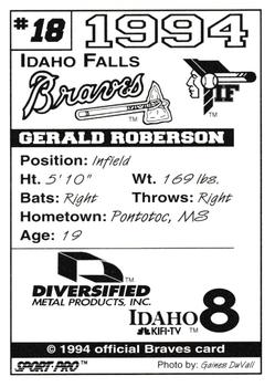 1994 Sport Pro Idaho Falls Braves #18 Gerald Roberson Back