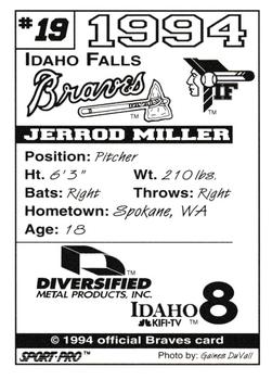 1994 Sport Pro Idaho Falls Braves #19 Jerrod Miller Back