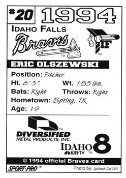 1994 Sport Pro Idaho Falls Braves #20 Eric Olszewski Back