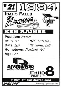 1994 Sport Pro Idaho Falls Braves #21 Ken Raines Back