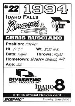 1994 Sport Pro Idaho Falls Braves #22 Chris Rusciano Back