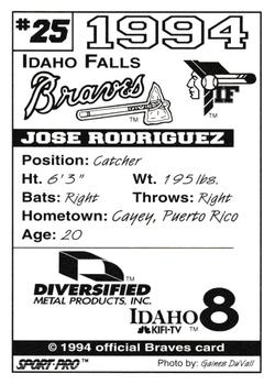 1994 Sport Pro Idaho Falls Braves #25 Jose Rodriguez Back