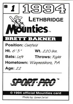 1994 Sport Pro Lethbridge Mounties #1 Brett Bakner Back