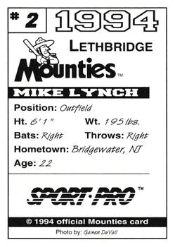 1994 Sport Pro Lethbridge Mounties #2 Mike Lynch Back