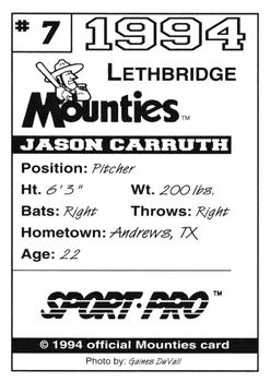 1994 Sport Pro Lethbridge Mounties #7 Jason Carruth Back