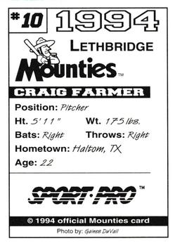 1994 Sport Pro Lethbridge Mounties #10 Craig Farmer Back