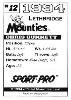 1994 Sport Pro Lethbridge Mounties #12 Chris Gunnett Back