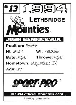 1994 Sport Pro Lethbridge Mounties #13 John Henrickson Back