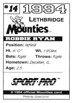 1994 Sport Pro Lethbridge Mounties #14 Robbie Ryan Back