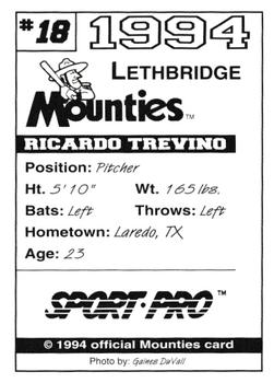 1994 Sport Pro Lethbridge Mounties #18 Ricardo Trevino Back