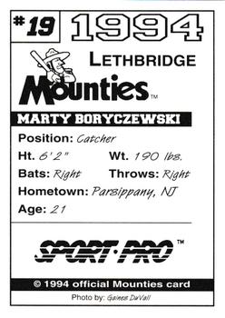 1994 Sport Pro Lethbridge Mounties #19 Marty Boryczewski Back