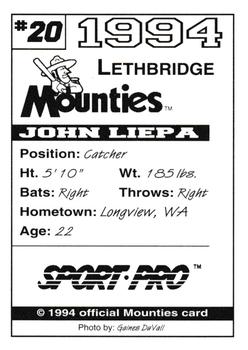 1994 Sport Pro Lethbridge Mounties #20 John Liepa Back