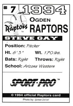 1994 Sport Pro Ogden Raptors #7 Steve Gay Back