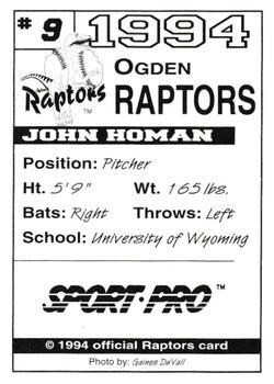 1994 Sport Pro Ogden Raptors #9 John Homan Back