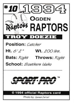 1994 Sport Pro Ogden Raptors #10 Troy Doezie Back