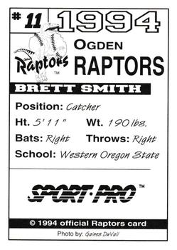 1994 Sport Pro Ogden Raptors #11 Brett Smith Back