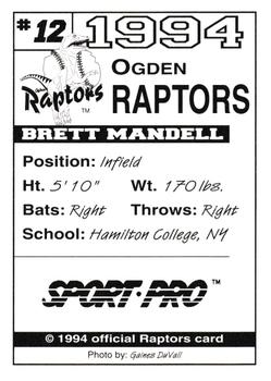 1994 Sport Pro Ogden Raptors #12 Brett Mandel Back