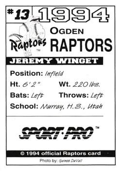 1994 Sport Pro Ogden Raptors #13 Jeremy Winget Back