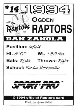 1994 Sport Pro Ogden Raptors #14 Dan Zanolla Back