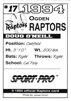 1994 Sport Pro Ogden Raptors #17 Doug O'Neill Back